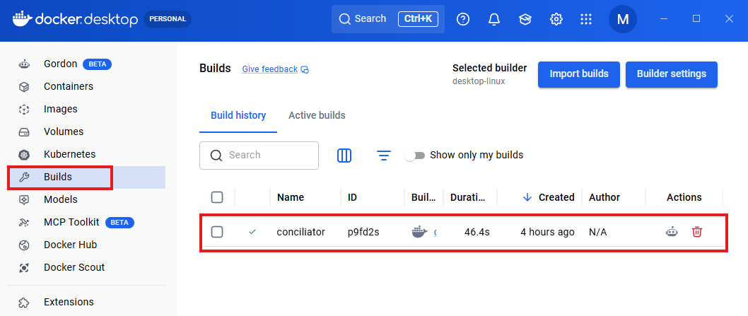 a screenshot of Docker Desktop showing available builds