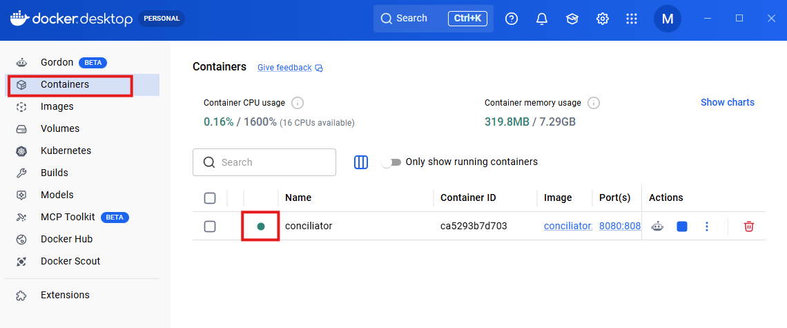a screenshot of Docker Desktop showing available containers