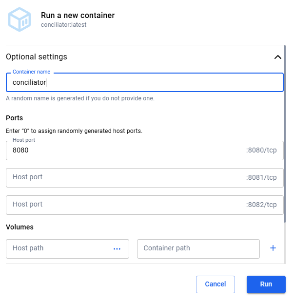 a screenshot of the optional settings window with container name and port populated