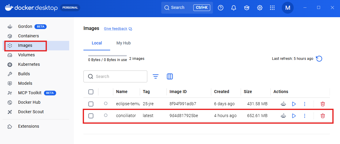 a screenshot of Docker Desktop showing available images