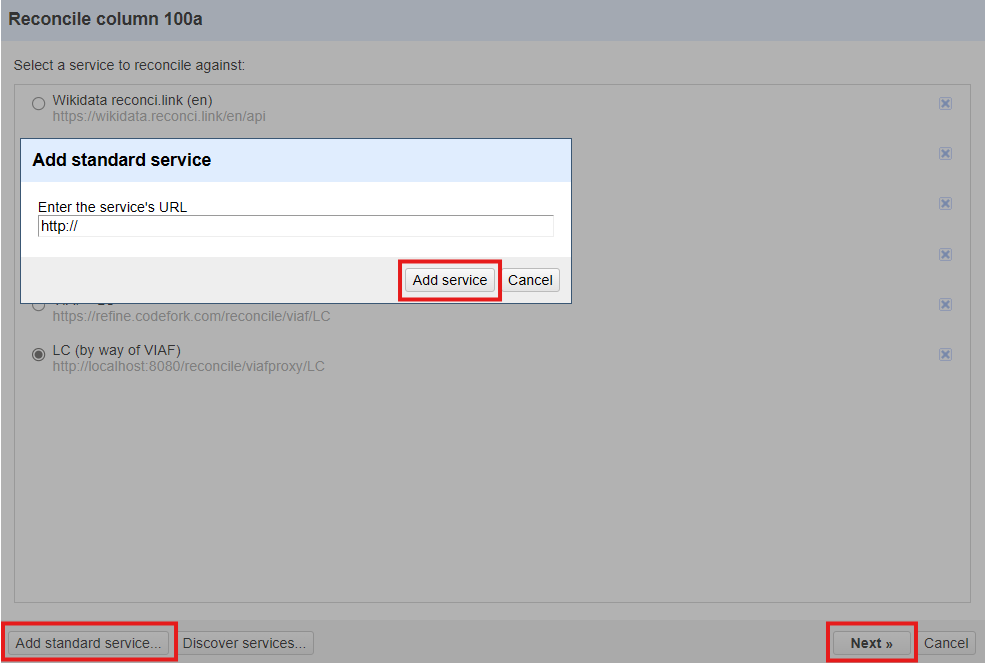 screenshot illustrating adding a reconciliation service in OpenRefine