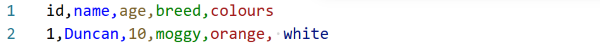 A screenshot showing the data above in VS Code using the Rainbow CSV extension