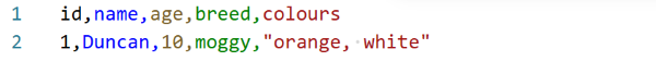 A screenshot showing the data above in VS Code using the Rainbow CSV extension